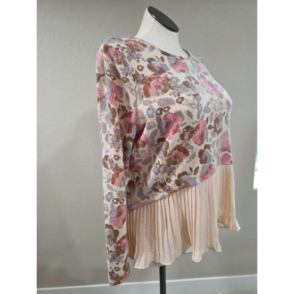Floral Print Long Sleeve Top With Pleated Chiffon Hem Ivory Pink Beige - Picture 2 of 5